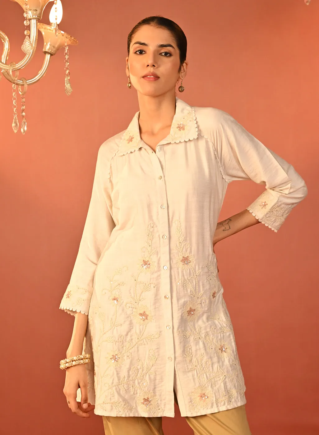 Alayssa Ivory Embroidered Kurti for Women