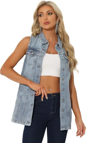 Allegra K Women's Denim Vest Sleeveless Button Down Waistcoat Casual Long Jean Vests