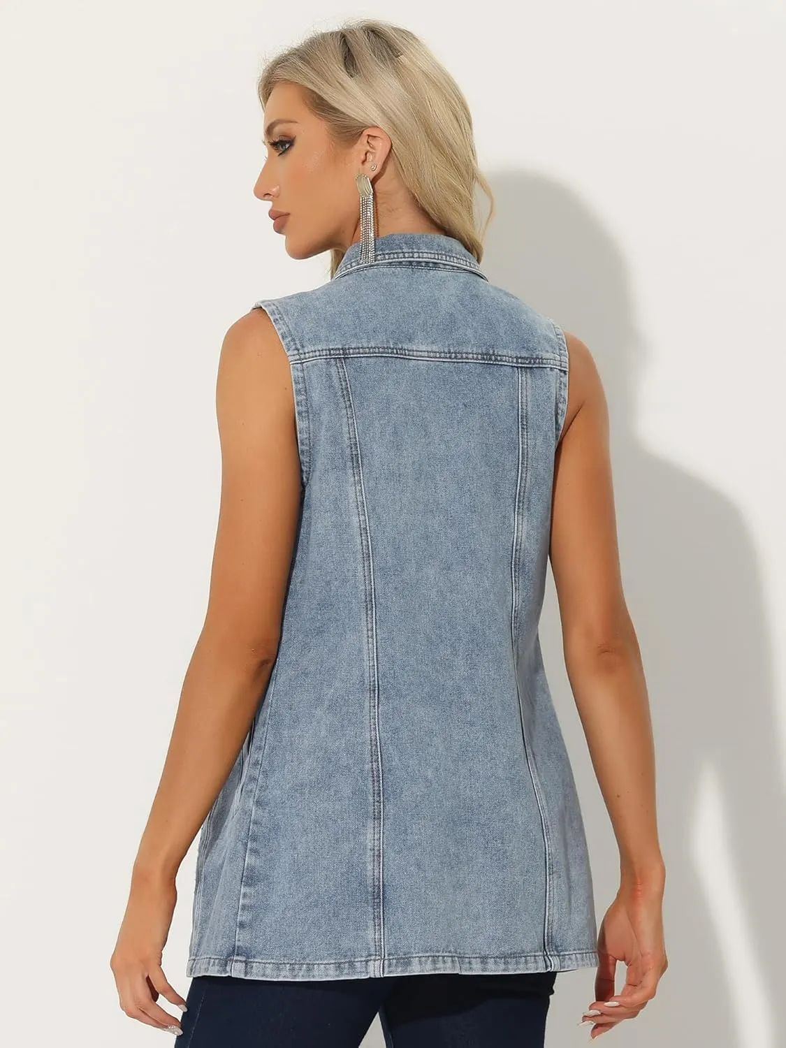 Allegra K Women's Denim Vest Sleeveless Button Down Waistcoat Casual Long Jean Vests