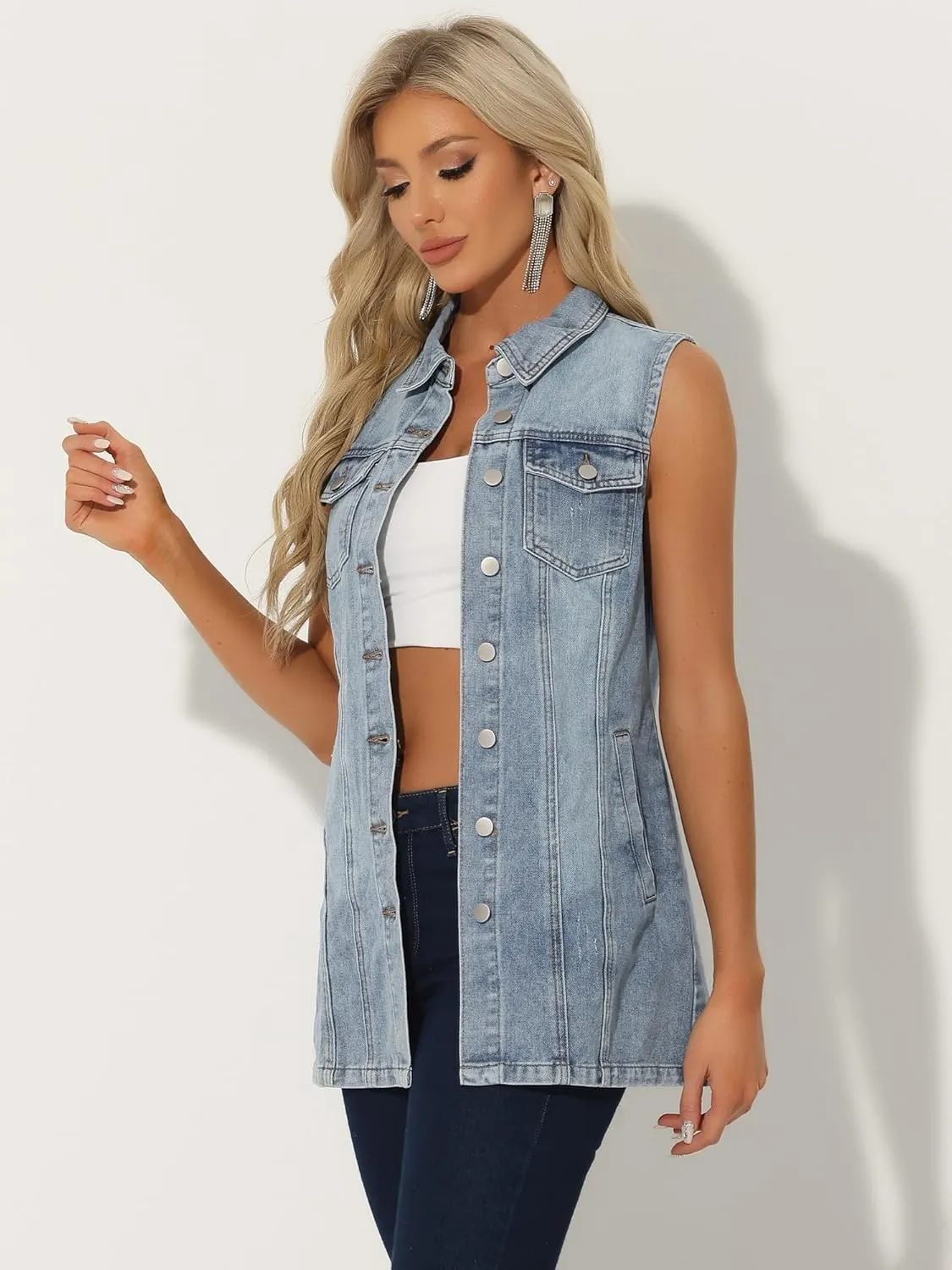Allegra K Women's Denim Vest Sleeveless Button Down Waistcoat Casual Long Jean Vests