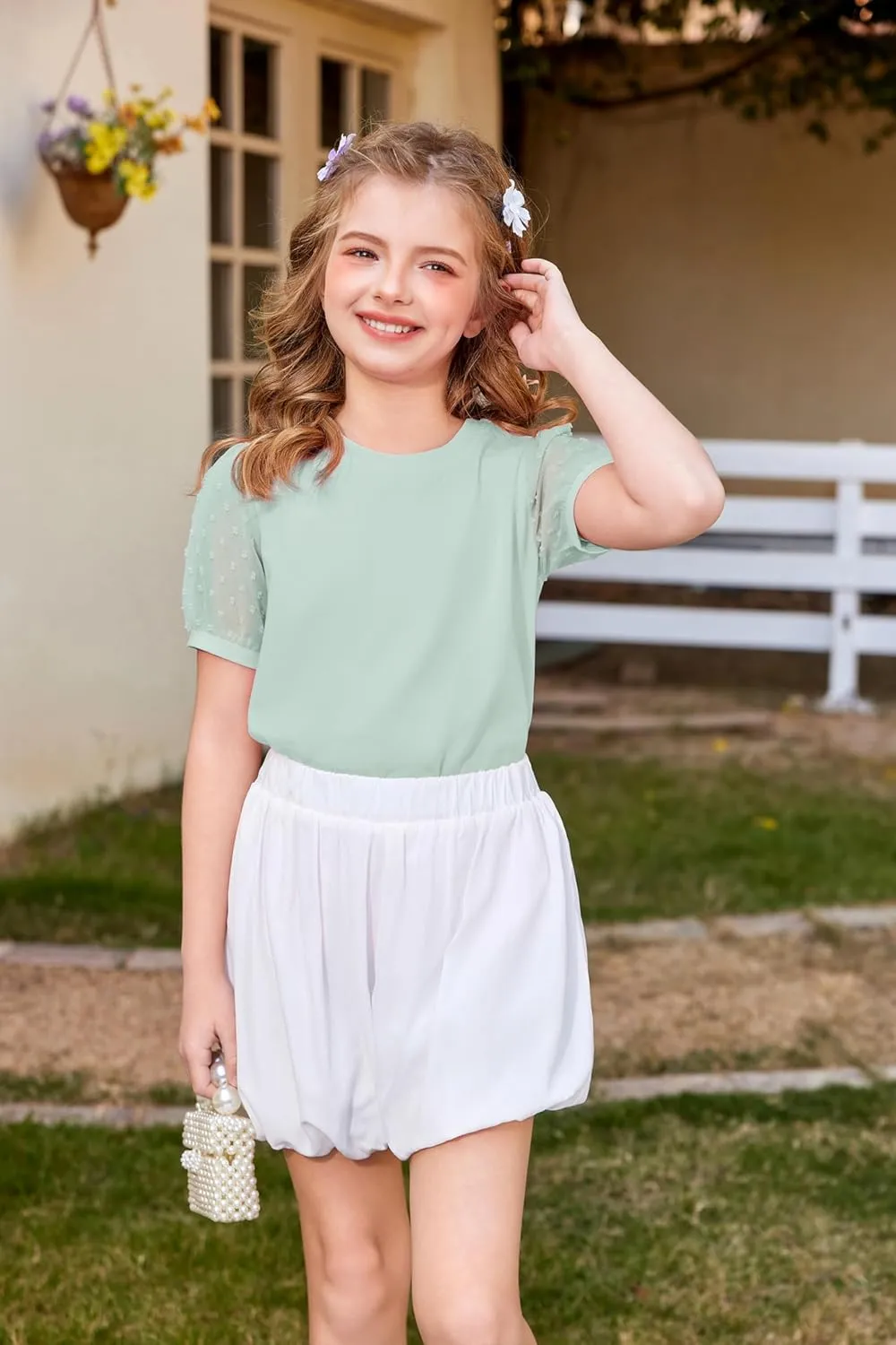 Arshiner Girls T Shirts Puff Short Sleeves with Polka Swiss Dots Tops for Kids Casual Summer Blouse Tunic Tee Tops