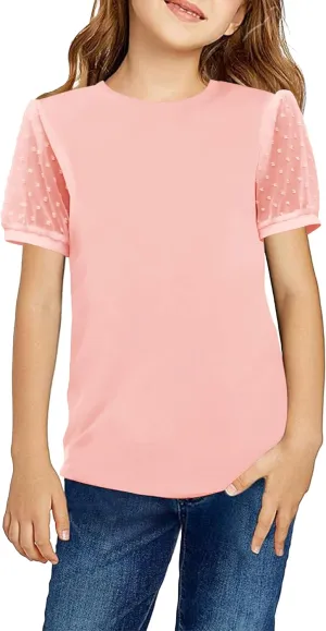 Arshiner Girls T Shirts Puff Short Sleeves with Polka Swiss Dots Tops for Kids Casual Summer Blouse Tunic Tee Tops