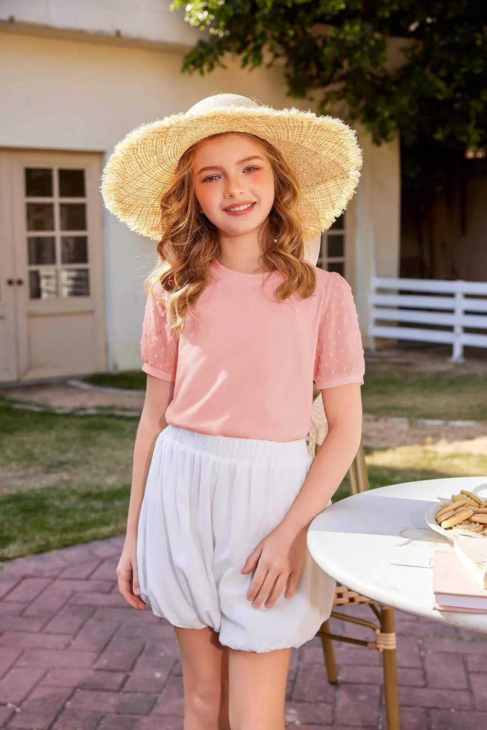 Arshiner Girls T Shirts Puff Short Sleeves with Polka Swiss Dots Tops for Kids Casual Summer Blouse Tunic Tee Tops