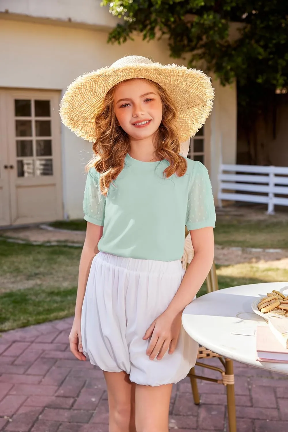 Arshiner Girls T Shirts Puff Short Sleeves with Polka Swiss Dots Tops for Kids Casual Summer Blouse Tunic Tee Tops