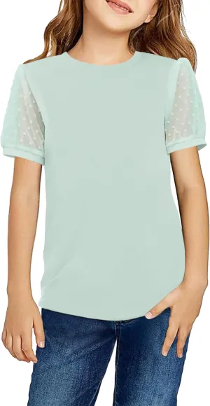 Arshiner Girls T Shirts Puff Short Sleeves with Polka Swiss Dots Tops for Kids Casual Summer Blouse Tunic Tee Tops