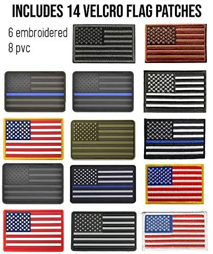 ASA TECHMED - 14 Pc Assorted USA Tactical American Flag Patch Thin Blue Line United States Military Morale Patches Set for Molle, Hats, Backpacks,Tactical Vest, Uniforms   More