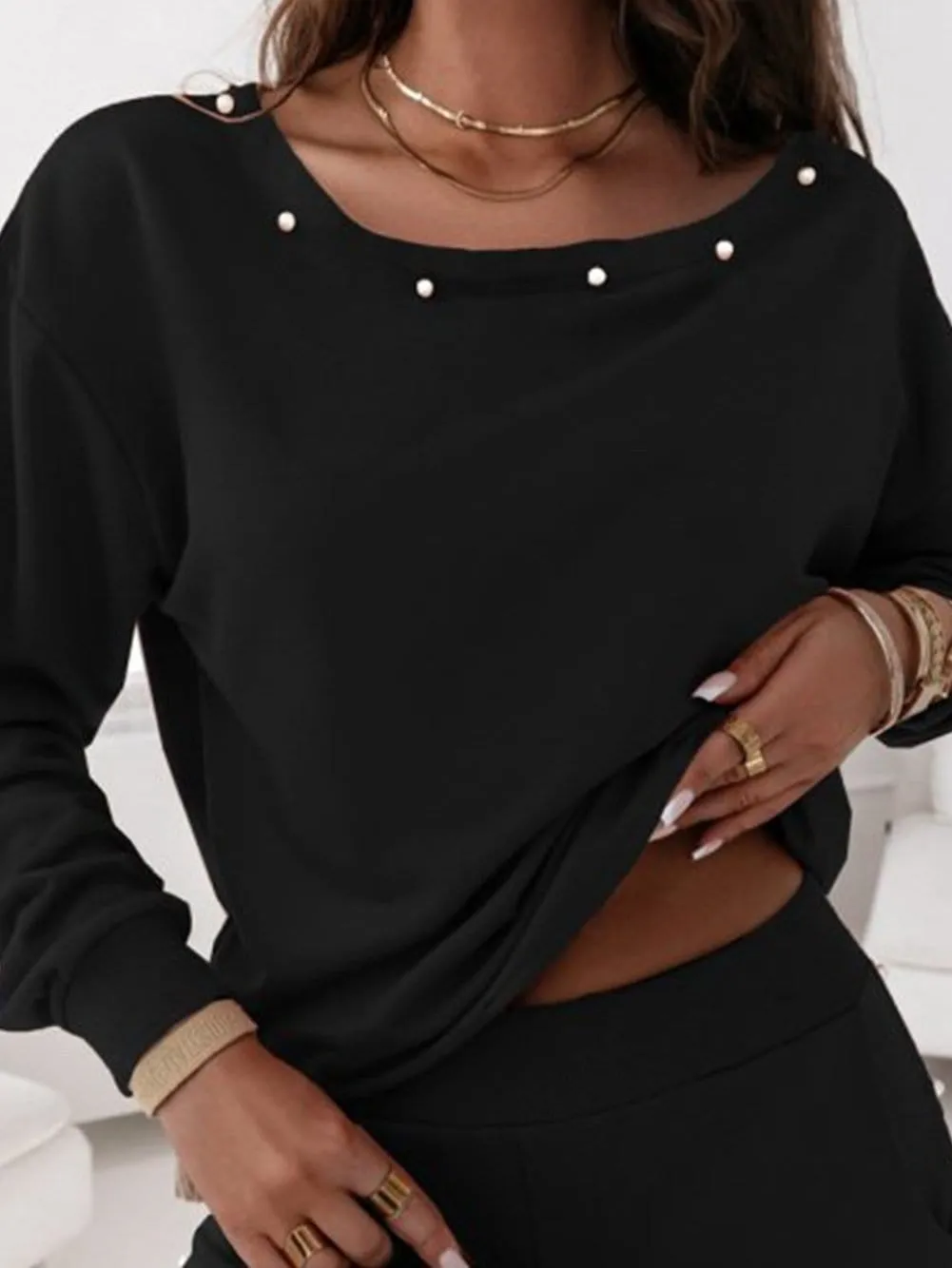 Black Jogger Set with Pearl Side Detail