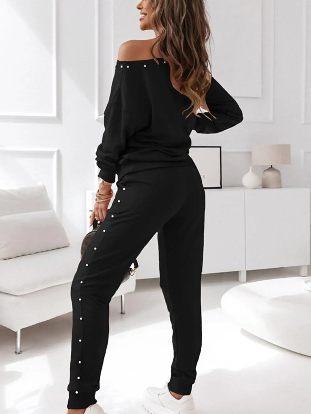 Black Jogger Set with Pearl Side Detail