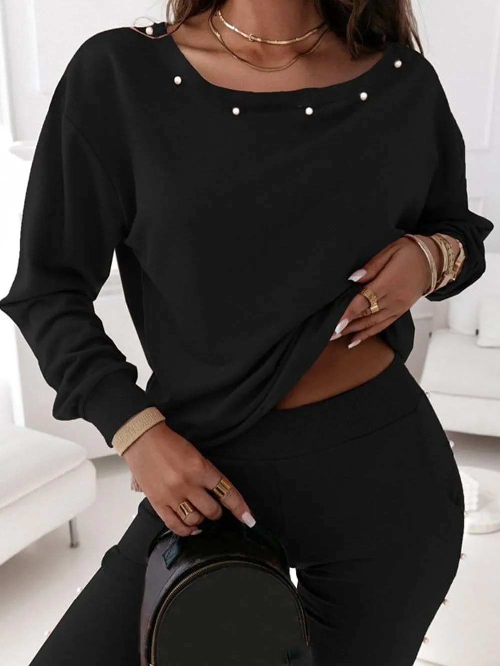 Black Jogger Set with Pearl Side Detail