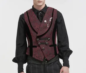 Black/Red Flower Patterned Jacquard Vest w/ Brooch