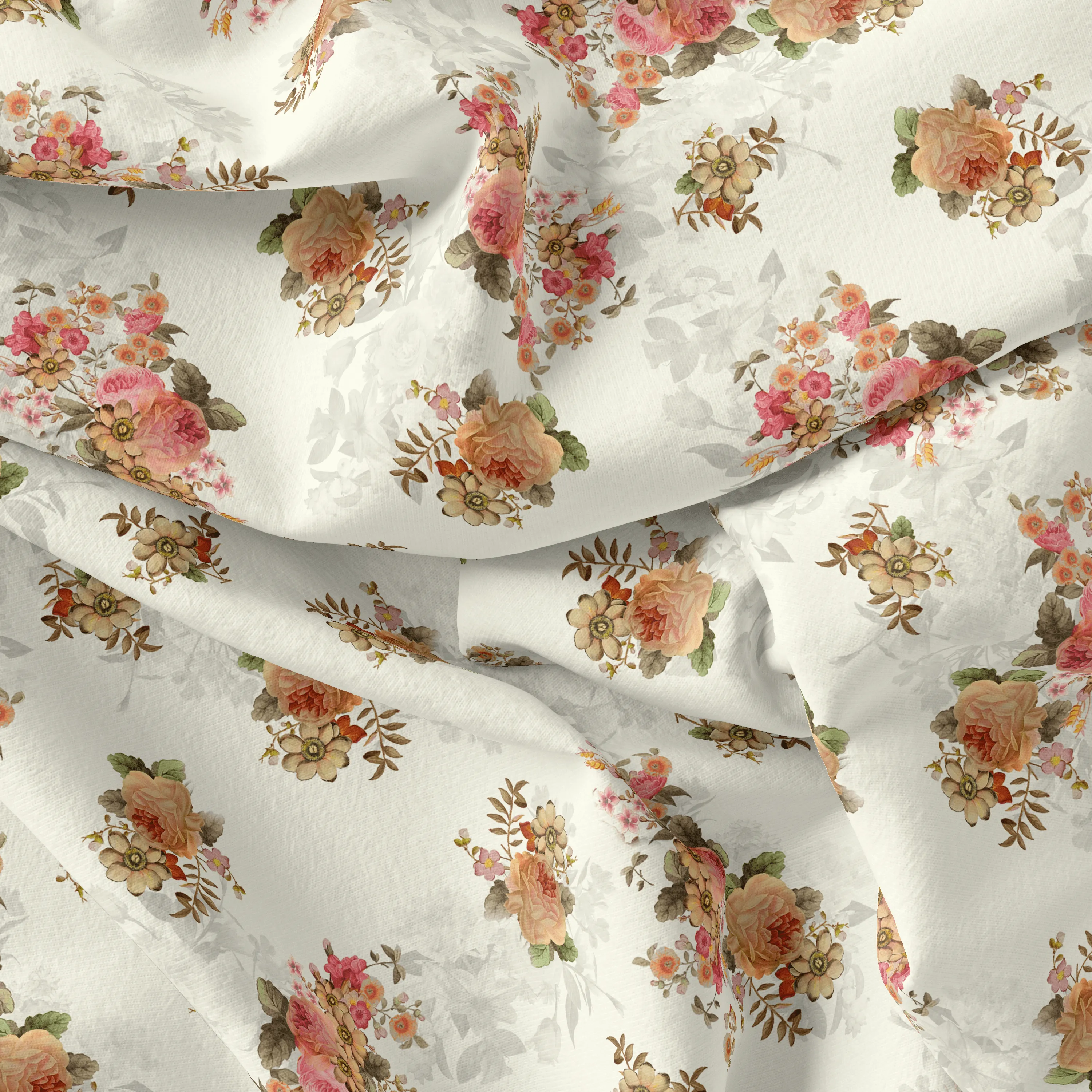 Classic Multicolor Roses With Leaves Digital Printed Fabric - Silk Crepe