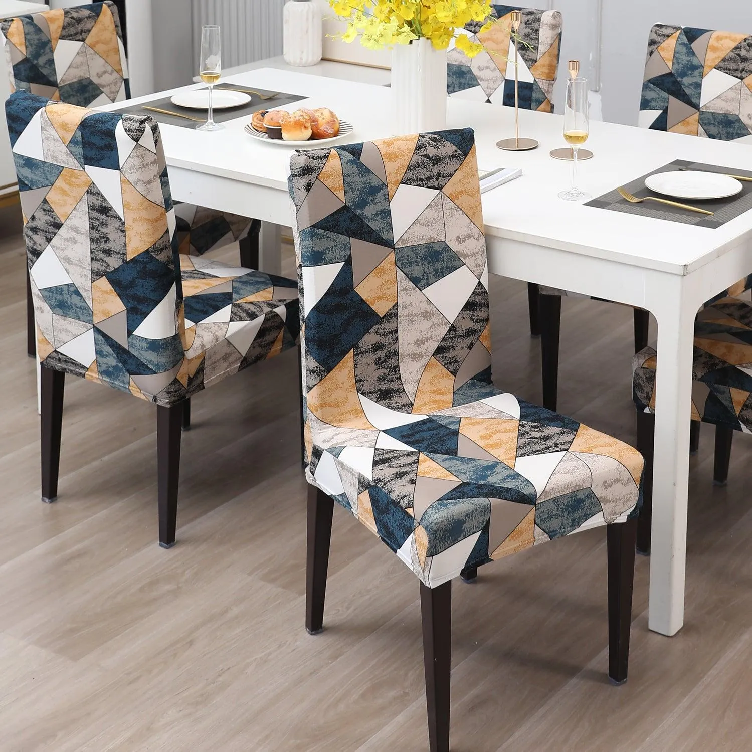 Elastic Stretchable Dining Chair Cover, Multicolor Geometric Print