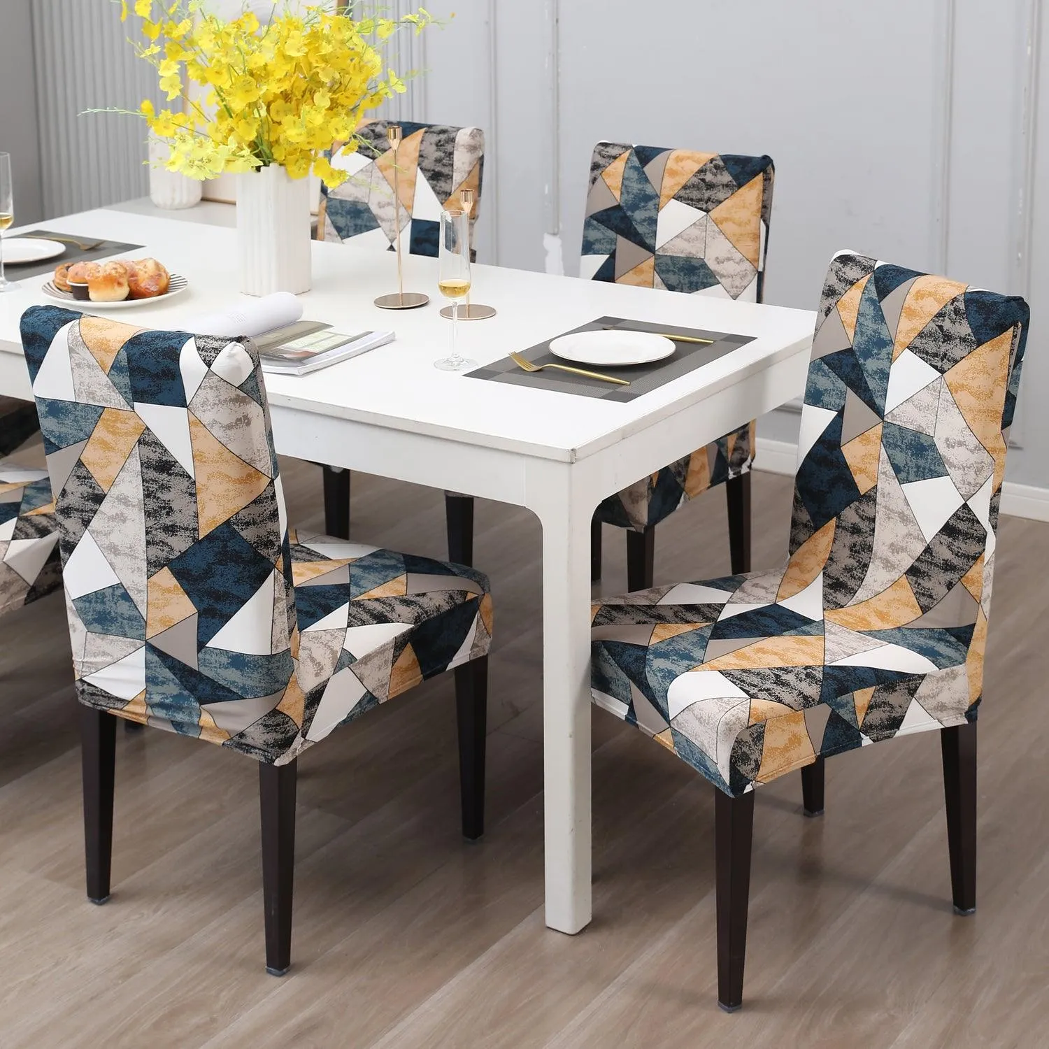 Elastic Stretchable Dining Chair Cover, Multicolor Geometric Print