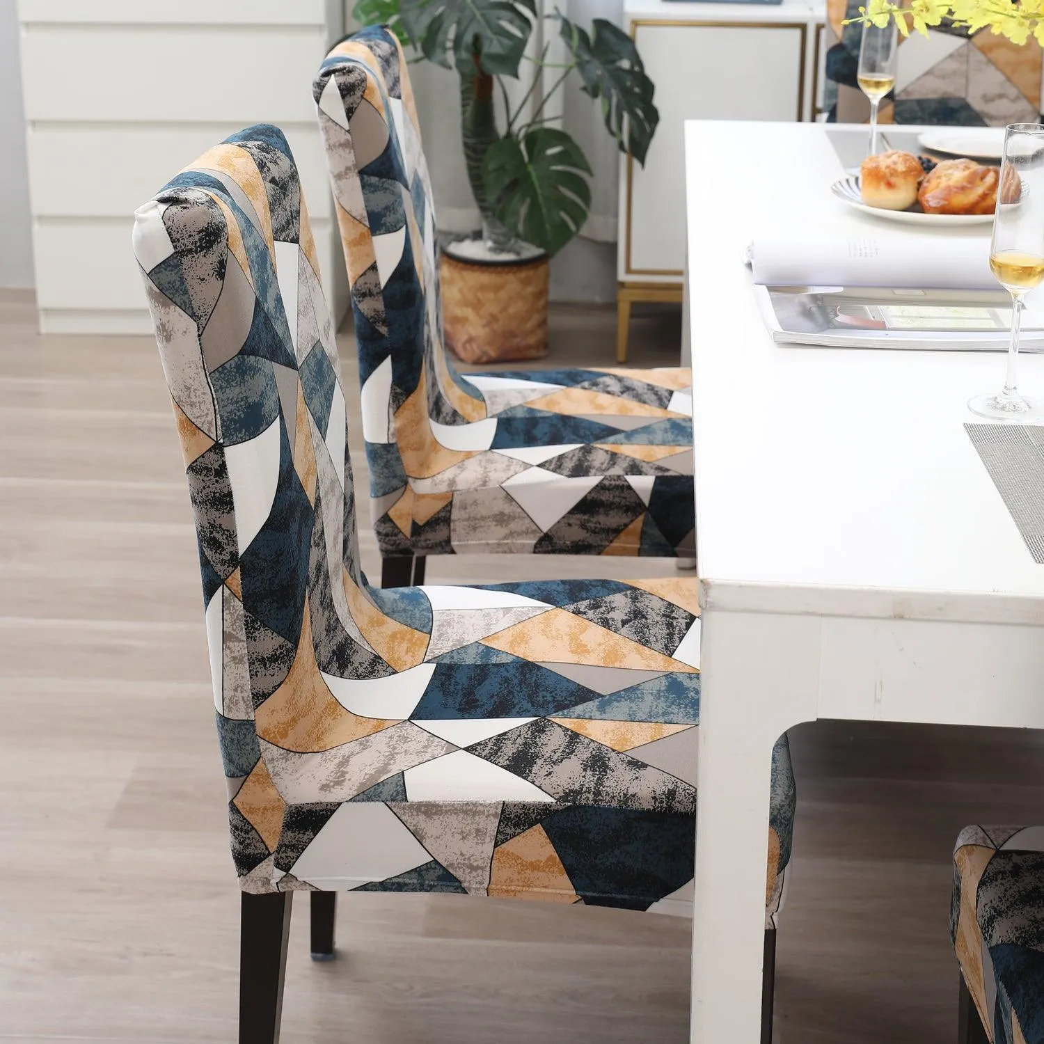 Elastic Stretchable Dining Chair Cover, Multicolor Geometric Print