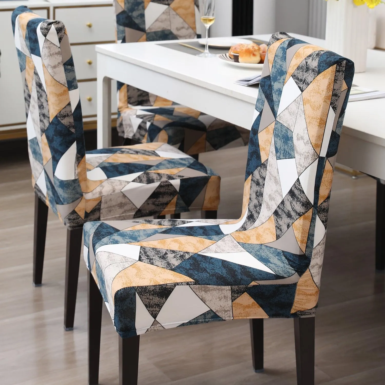 Elastic Stretchable Dining Chair Cover, Multicolor Geometric Print