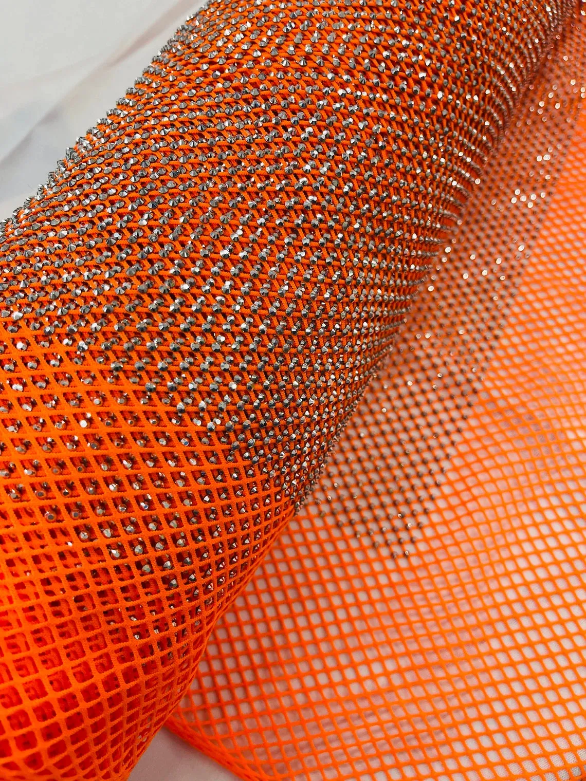 Fish Net Spandex Silver Rhinestone Fabric - Spandex Fish Net Rhinestones Fabric Sold by Yard