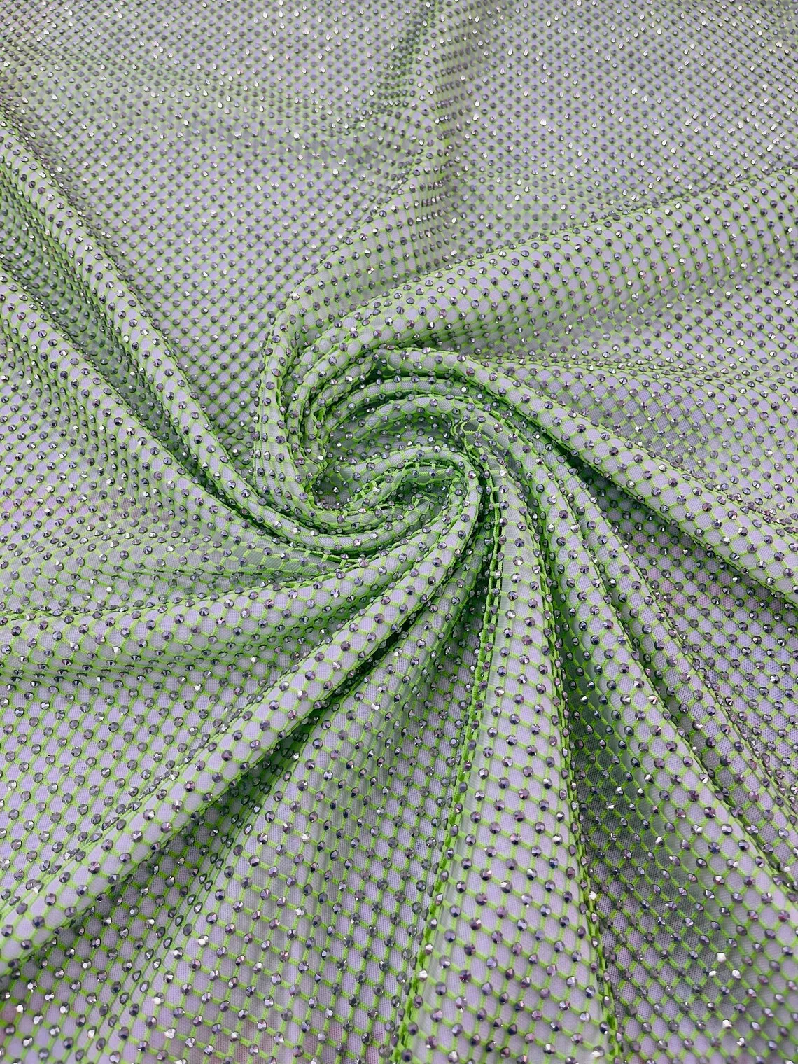 Fish Net Spandex Silver Rhinestone Fabric - Spandex Fish Net Rhinestones Fabric Sold by Yard