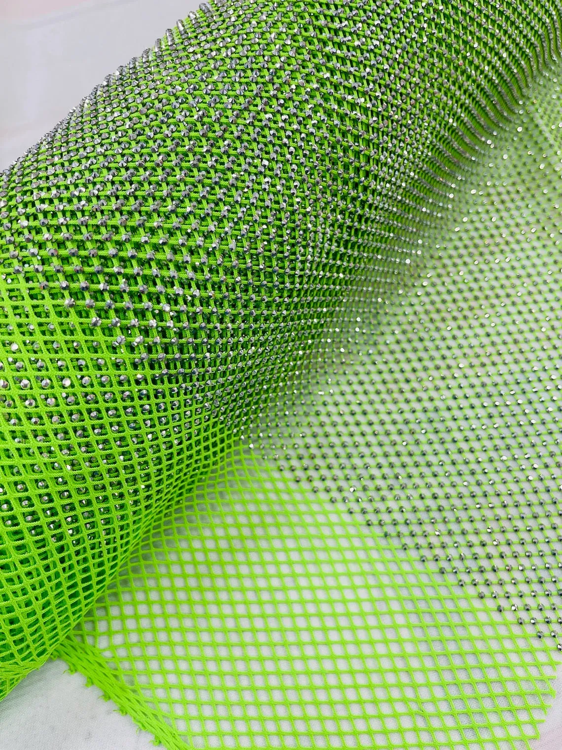 Fish Net Spandex Silver Rhinestone Fabric - Spandex Fish Net Rhinestones Fabric Sold by Yard