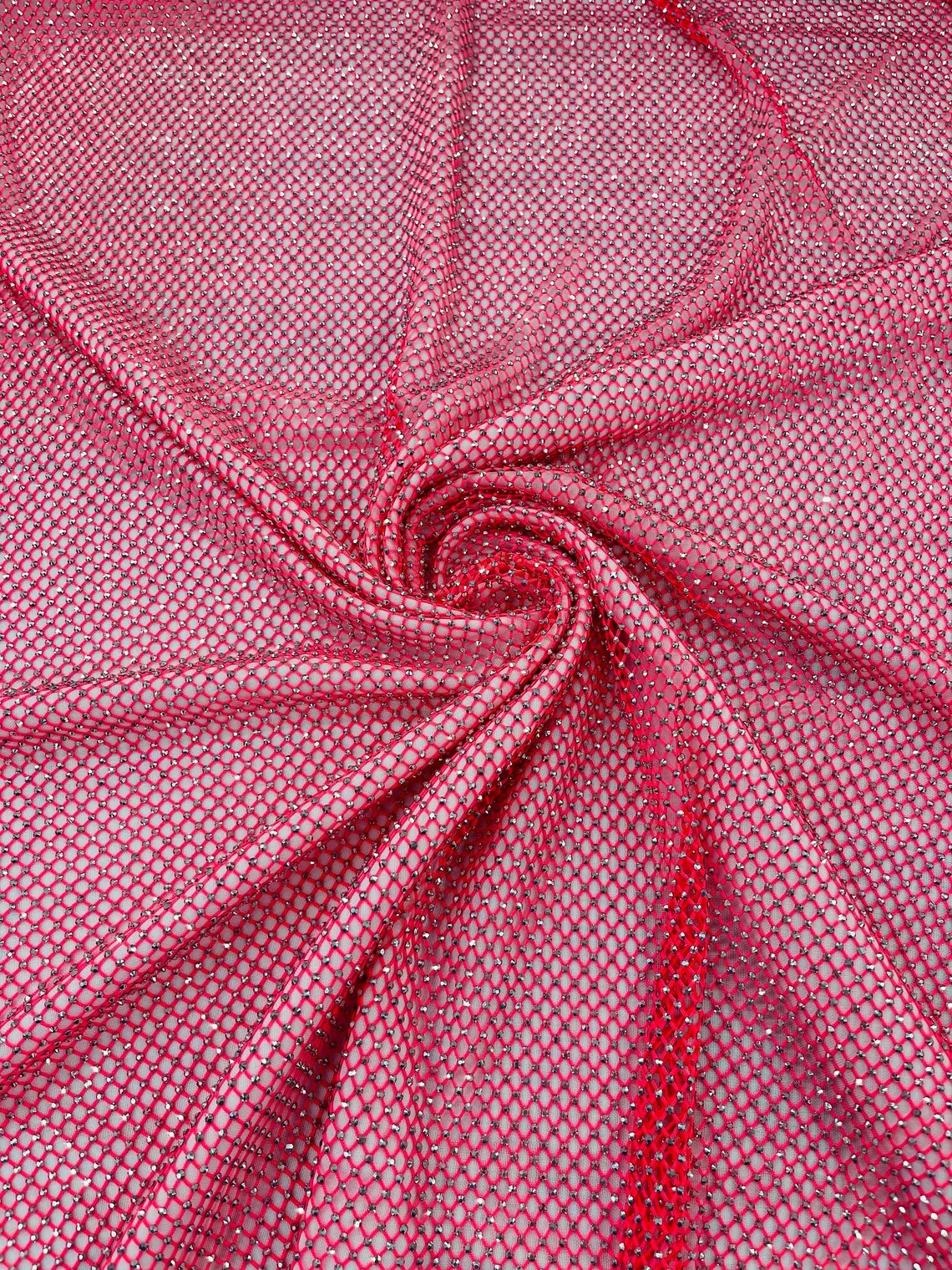 Fish Net Spandex Silver Rhinestone Fabric - Spandex Fish Net Rhinestones Fabric Sold by Yard