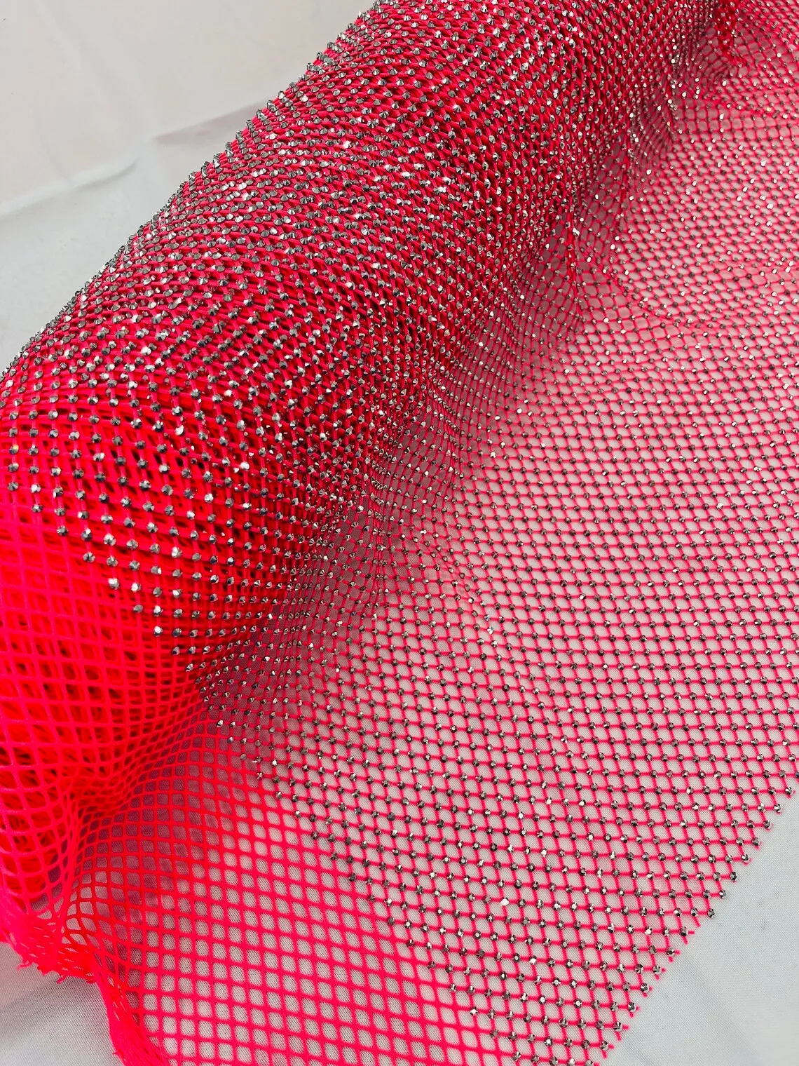Fish Net Spandex Silver Rhinestone Fabric - Spandex Fish Net Rhinestones Fabric Sold by Yard