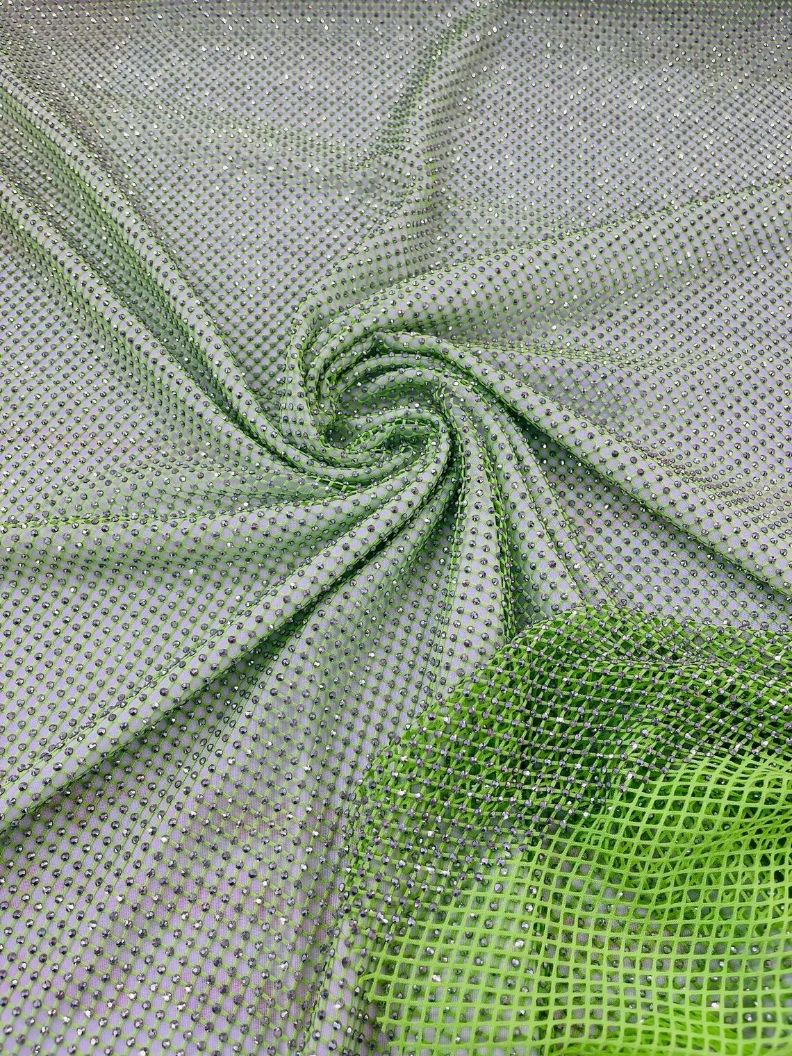 Fish Net Spandex Silver Rhinestone Fabric - Spandex Fish Net Rhinestones Fabric Sold by Yard