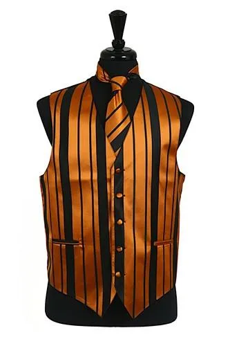 Men's Black/Gold Striped Vest with Neck Tie and Bow Tie