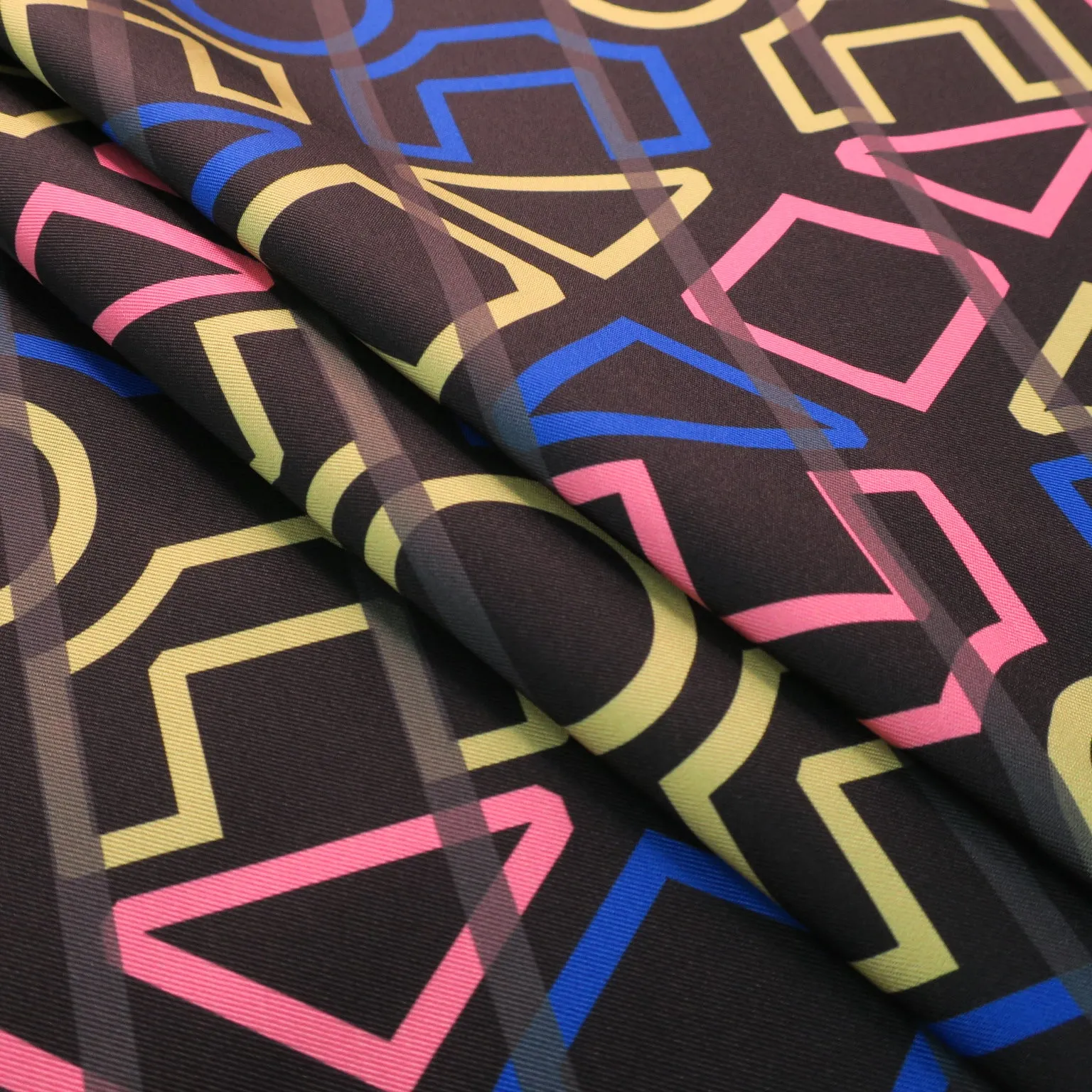 Multicolored Abstract on Black Printed Polyester Mikado Fabric