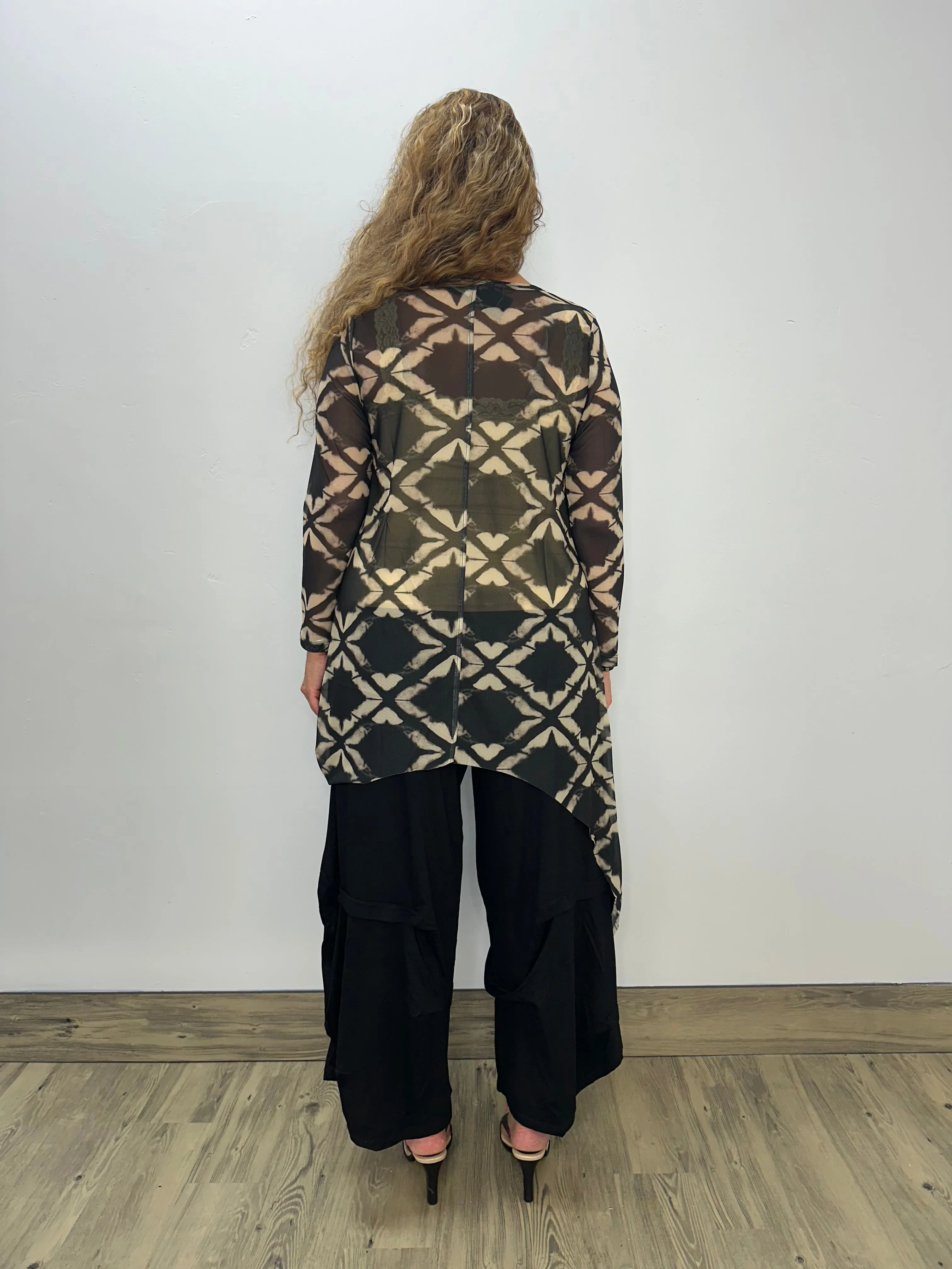 Optic Black and Tan Squares Mesh Long Sleeve Mandy Topper