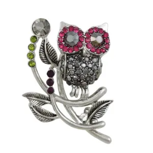 Owl with Fuchsia and Gray Crystal Eyes Brooch Pin - PRB211G