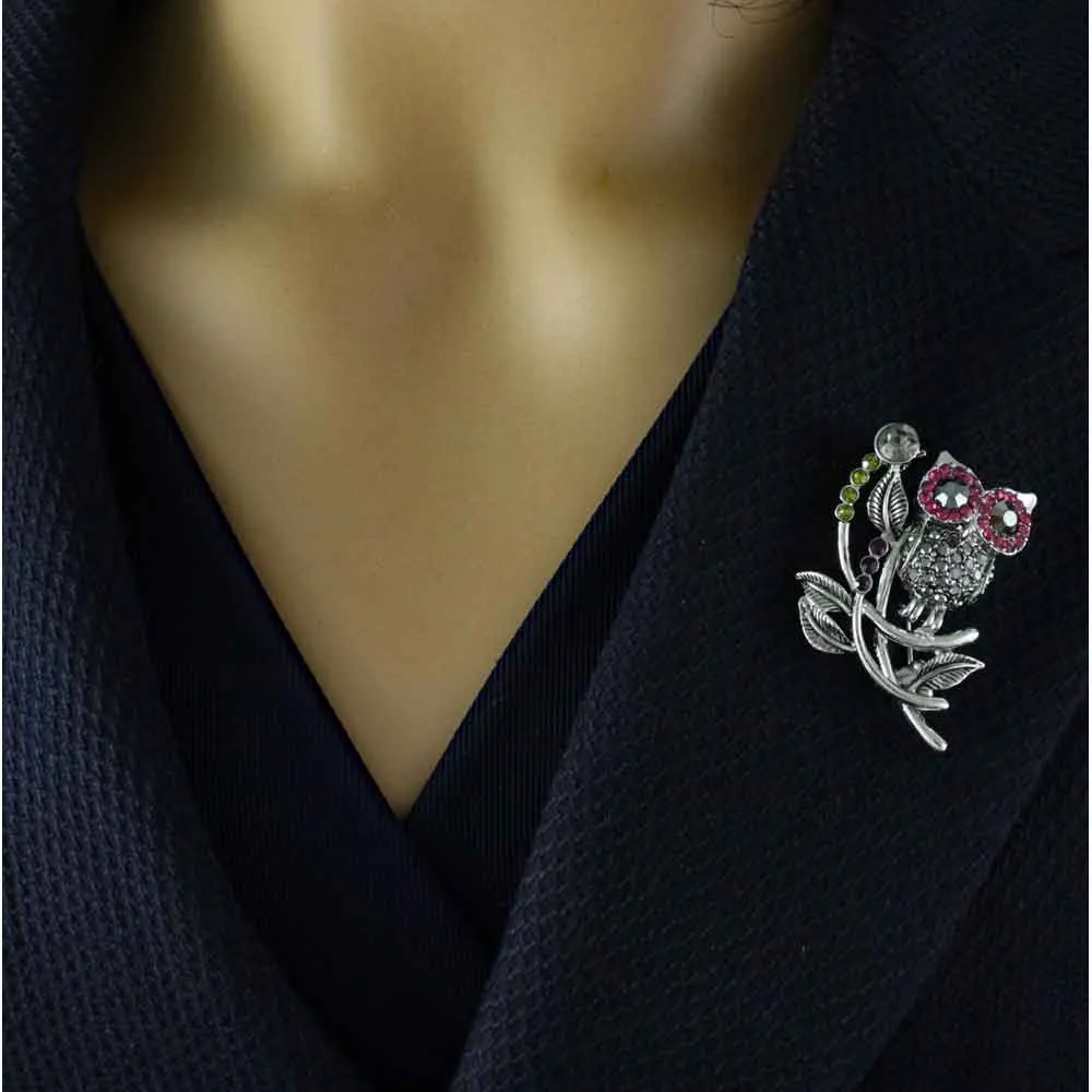 Owl with Fuchsia and Gray Crystal Eyes Brooch Pin - PRB211G