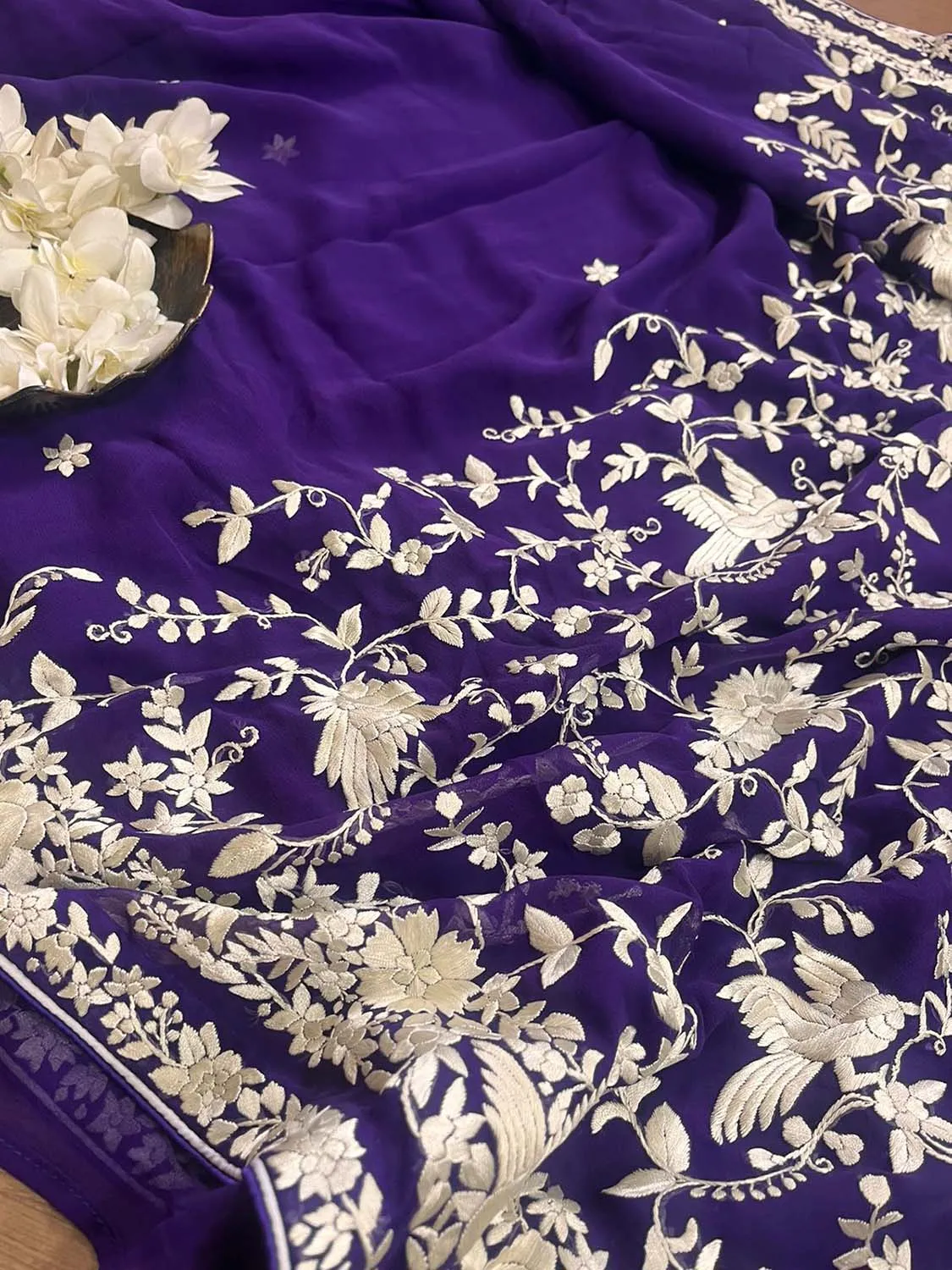 Purple Hand Embroidered Parsi Gara Georgette Saree