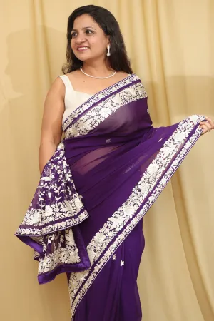 Purple Hand Embroidered Parsi Gara Georgette Saree