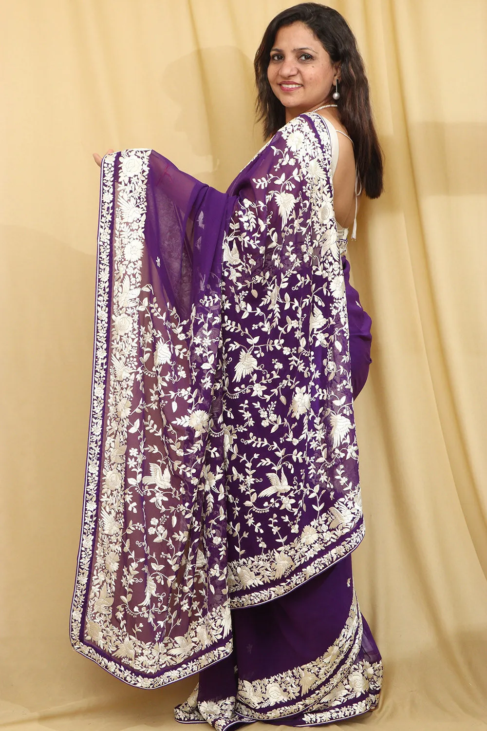 Purple Hand Embroidered Parsi Gara Georgette Saree