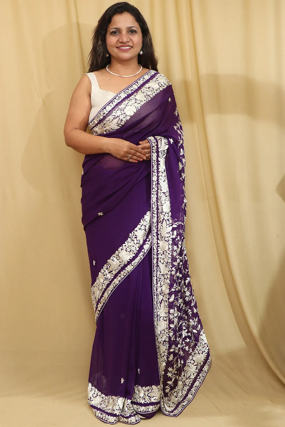 Purple Hand Embroidered Parsi Gara Georgette Saree