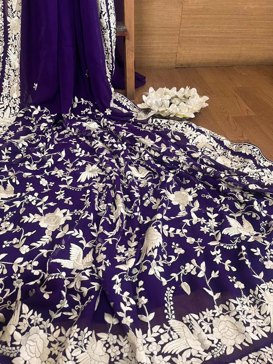 Purple Hand Embroidered Parsi Gara Georgette Saree