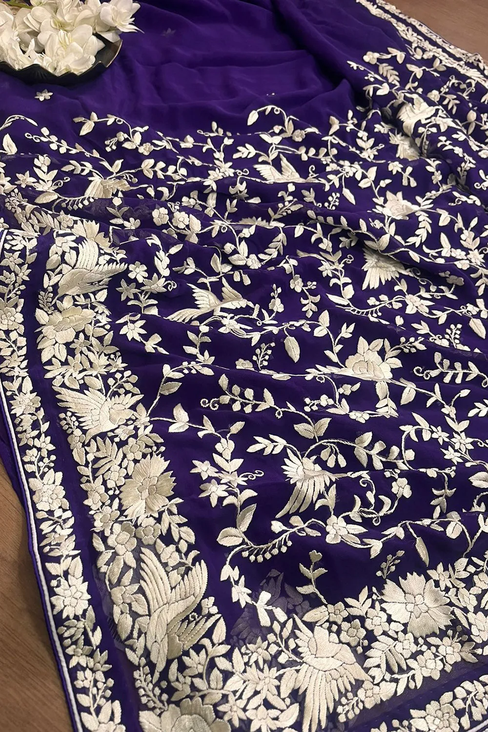 Purple Hand Embroidered Parsi Gara Georgette Saree