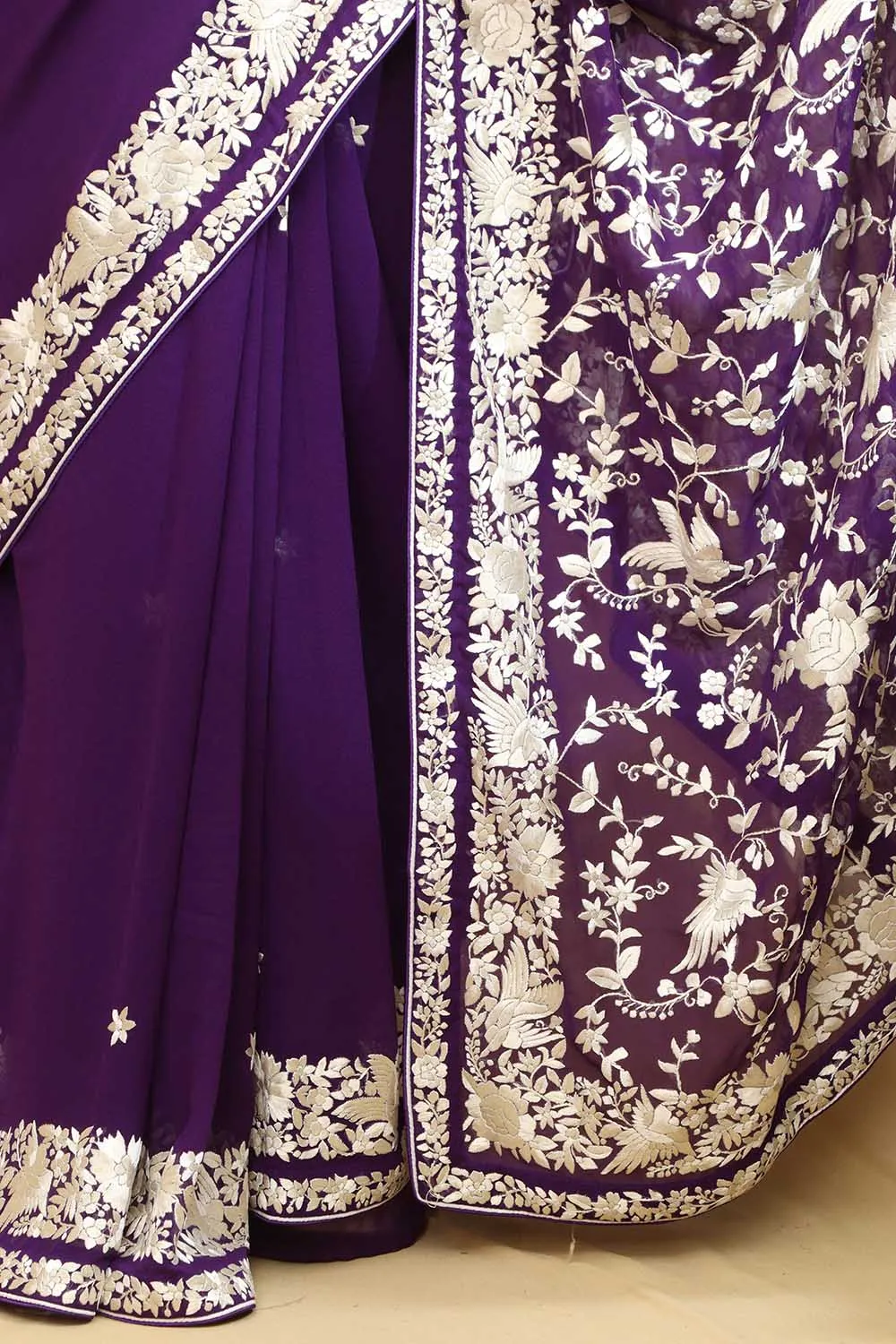 Purple Hand Embroidered Parsi Gara Georgette Saree