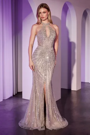 SEQUIN EMBELLISHED HALTER FITTED DRESS CDCC404
