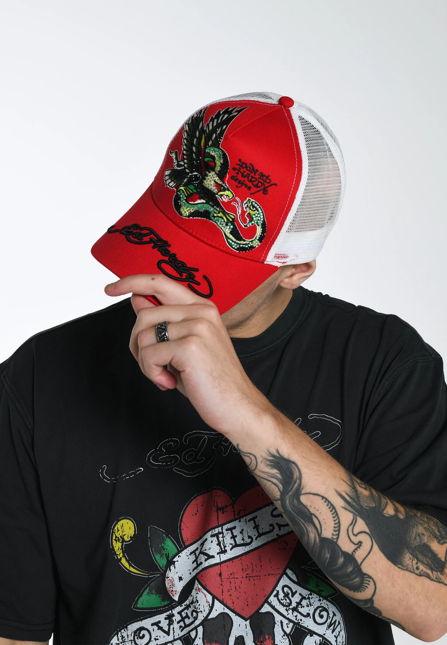 Unisex Eagle-Snake Twill Front Mesh Trucker Cap - Red