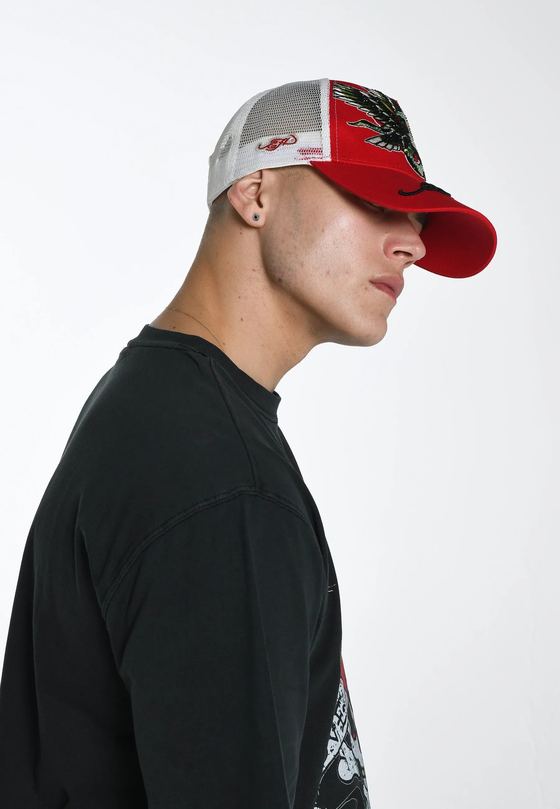 Unisex Eagle-Snake Twill Front Mesh Trucker Cap - Red
