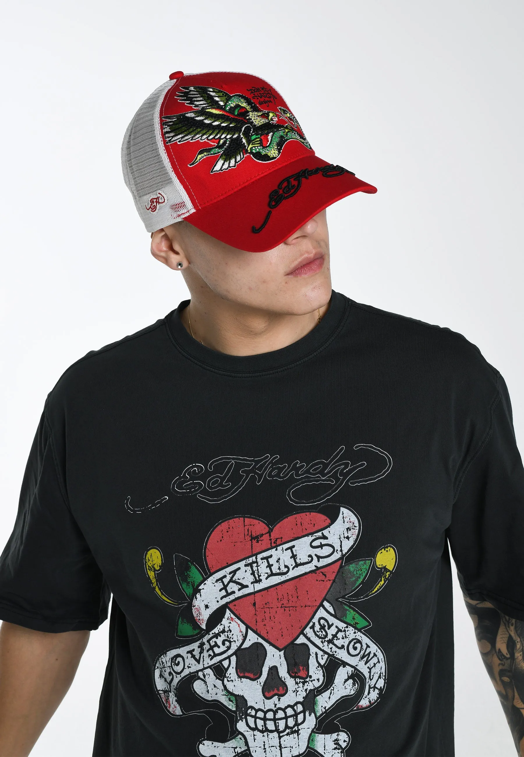 Unisex Eagle-Snake Twill Front Mesh Trucker Cap - Red