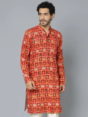 VASTRAMAY Men's Red Patola Print Ethnic kurta