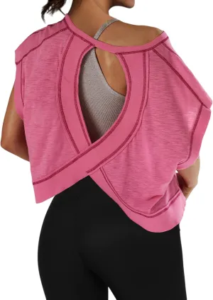 Womens Backless Thin Workout Crop Tops Cutout Back Sports T-Shirts Exercise Blouse Tee Top Athletic Gym Yoga Shirt