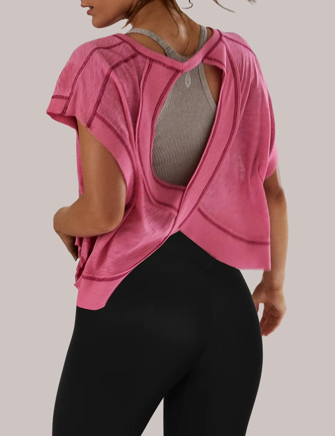 Womens Backless Thin Workout Crop Tops Cutout Back Sports T-Shirts Exercise Blouse Tee Top Athletic Gym Yoga Shirt